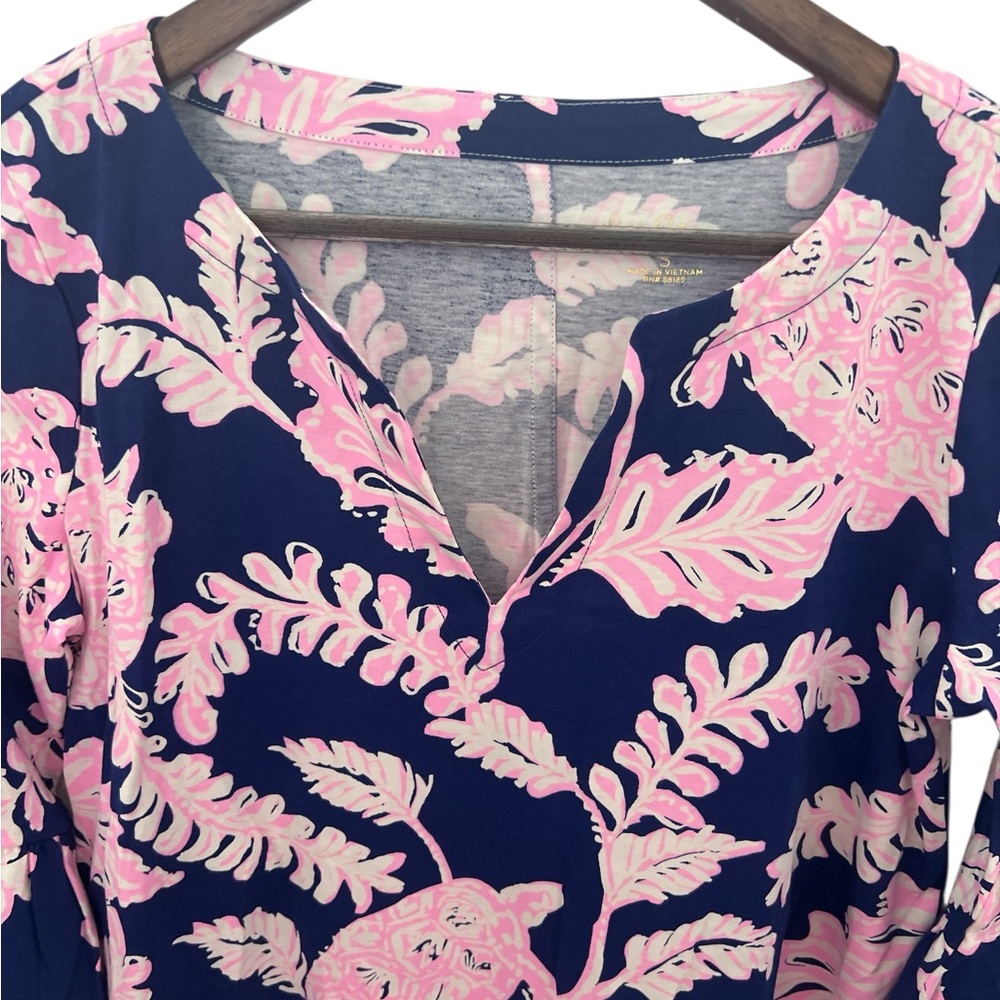 Lilly Pulitzer Dress S Navy Pink Tropical Print Ruffle Sleeve V-Neck Shift Dress - Picture 5 of 7